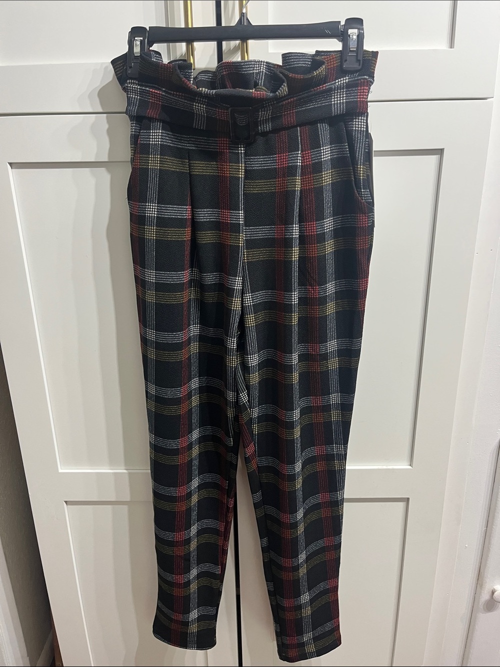 shosho Black Plaid Straight Leg Paperbag Waist Pants